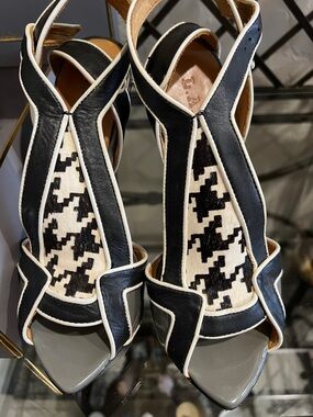 L.A.M.B. Black, White & Gray Houndstooth Platform Heels with Ankle Strap